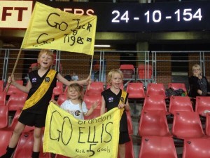 Go Jack: Rory ("His arms got a workout"), Neve and Darcy at the ground, with their homemade banners and a pleasing scoreline (pic sent via Twitter by mum Kelda Murray).